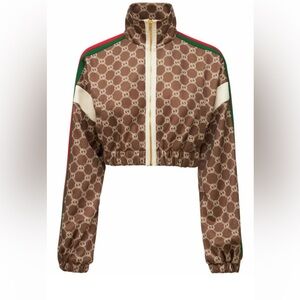 NEW!  Gucci Brown Technical Jersey Monogram  Logo Cropped Jacket - S